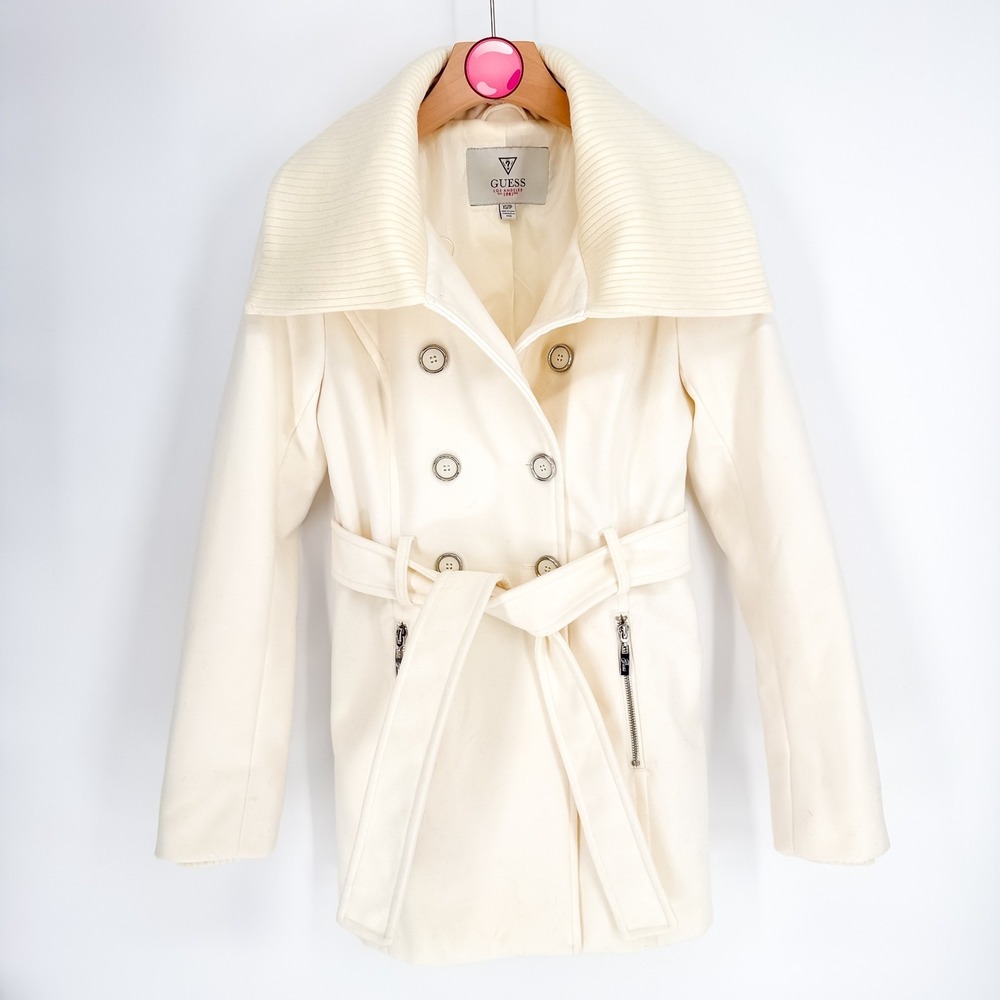 GUESS Vintage Belted Peacoat Cream Double Breasted  Buttons Zip Pockets  W - XS